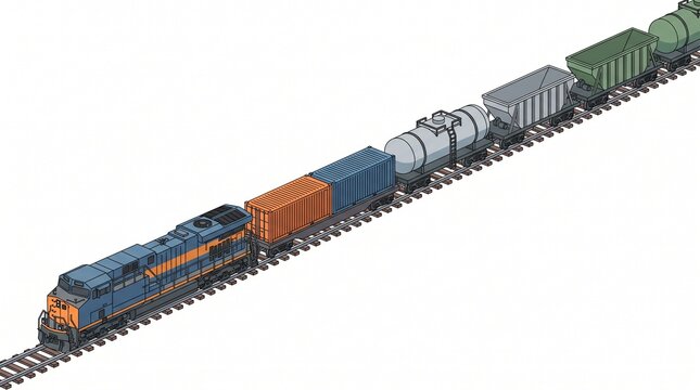 Isometric illustration of a freight cargo train on a railroad track