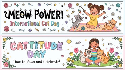 Fototapeta premium Cheerful children celebrating feline companionship with playful _ International Cat Day , 8 August