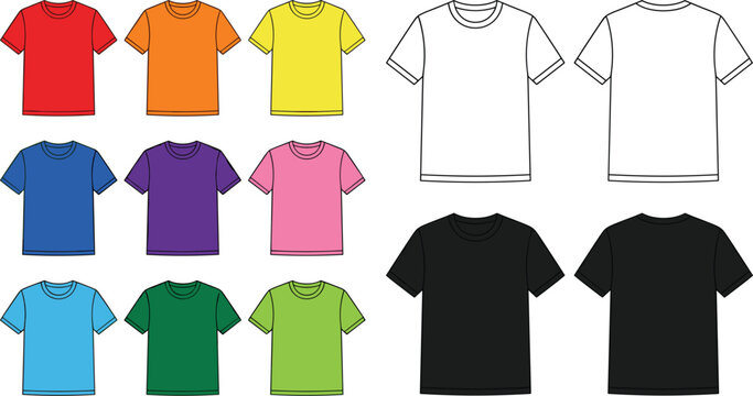 Men short sleeve t-shirt fashion vector template collection with multi color options and blank apparel line art sketches
