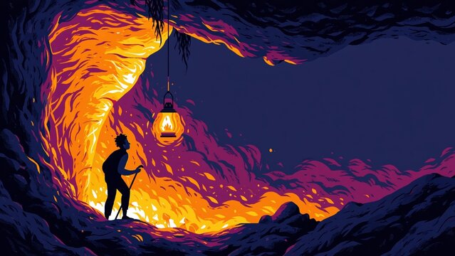 Explorer with lantern walking through dark cave.