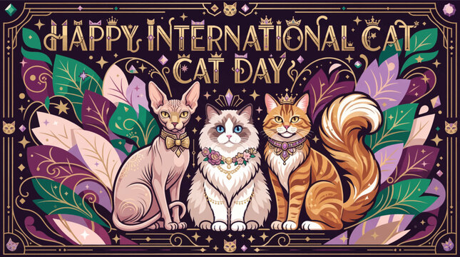 Celebratory trio of adorned cats amidst ornate floral decor _ International Cat Day , 8 August
