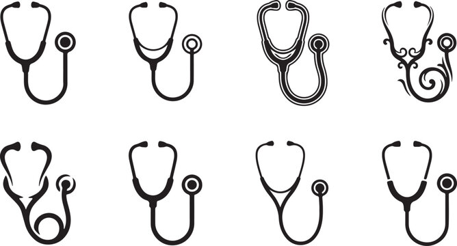 Set of black medical stethoscope icons for doctors and health care professionals in flat style