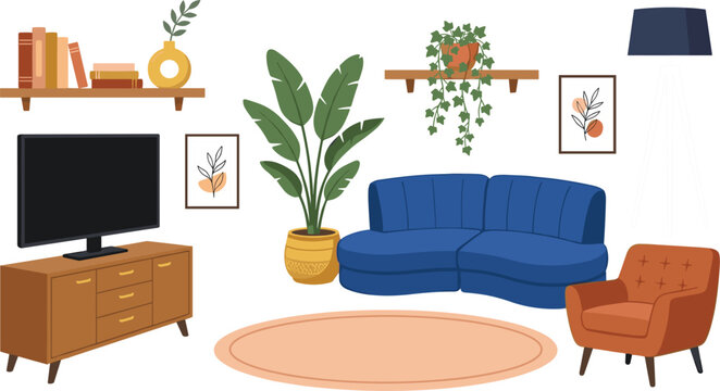 Modern living room furniture elements vector illustration set with blue curved sofa television cabinet and indoor plants