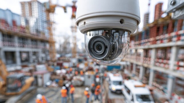 Close-up of security camera monitoring active construction site with blurred workers and machinery in urban development area during daytime