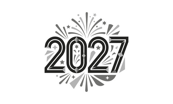 2027 text over radial starburst firework display.