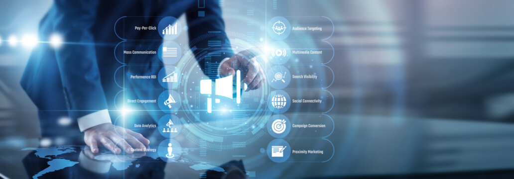 Strategist point of Digital Marketing online advertising and brand promotion concept targeting specific consumer demographics effectively. Maximizing corporate web traffic in a fast era.