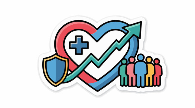 Heart symbol with health progress shield and group of people