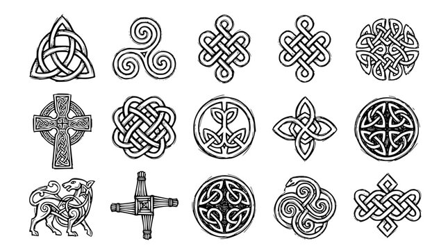 Hand drawn celtic knot pattern icons trinity triskele spiral endless knot cross shield, black ink sketch vector illustration
