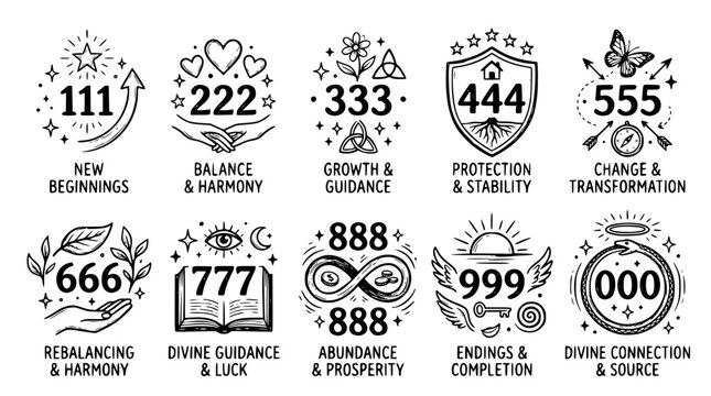 Hand drawn angel number numerology icons 111 222 333 444 555 666 777 888 999 000, black ink sketch vector illustration
