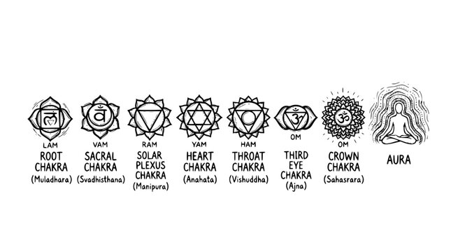 Hand drawn chakra energy body icons root sacral solar heart throat third eye crown aura, black ink sketch vector illustration
