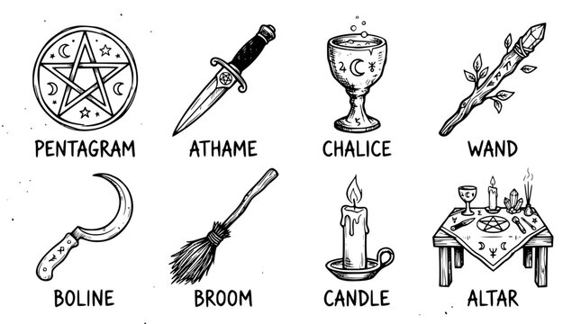 Hand drawn witchcraft wicca icons pentagram athame chalice wand boline broom candle altar, black ink sketch vector illustration
