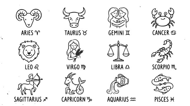 Hand drawn western zodiac symbol icons aries taurus gemini cancer leo virgo libra scorpio sagittarius capricorn aquarius pisces, black ink sketch vector illustration
