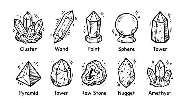Hand drawn crystal gemstone shape icons raw cut point cluster wand sphere tower pyramid, black ink sketch vector illustration