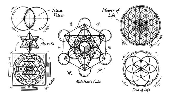 Hand drawn sacred geometry icons flower of life metatron merkaba sri yantra vesica seed, black ink sketch vector illustration