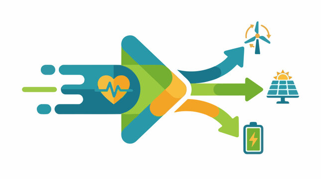 Heartbeat graphic leads to arrows pointing towards energy sources