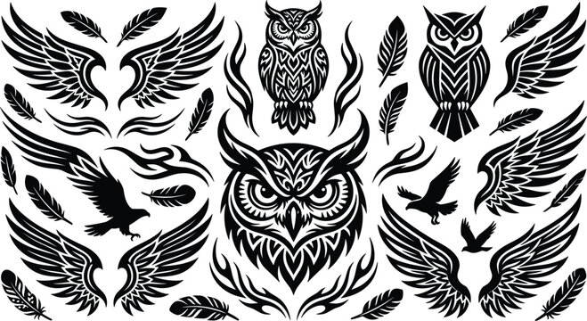 Monochrome tribal owl vector illustration set featuring detailed sharp wings feathers and mystical predator bird face silhouettes for tattoos,