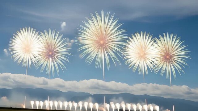 Colorful fireworks display above mountains against blue sky night festival holiday pyrotechnics