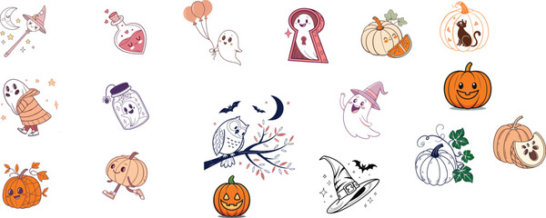 Obraz premium Halloween element set featuring ghosts, owl on a branch, pumpkin and witch hat on white background