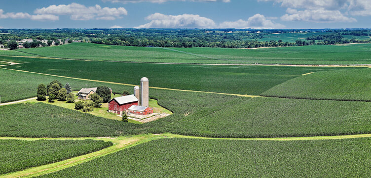 Panorama Aerial View of Farm homesteads and Corn Production Fields in South Western Wisconsin