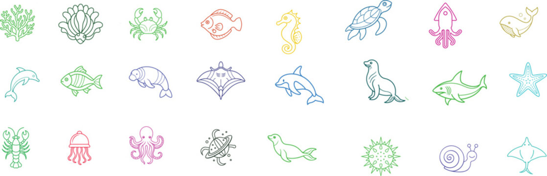 colorful minimalist outlines of fish, seahorse, stingray and dolphin on white background