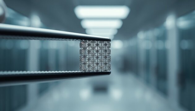 Macro shot of a futuristic metallic lattice nanostructure being held by tweezers in a sterile laboratory environment, advanced engineering concept.