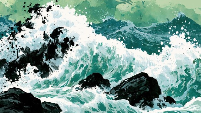 Rough green ocean waves crashing violently against dark black rocks.