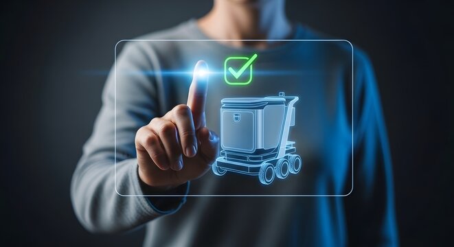 User interacting with autonomous delivery robot hologram and green checkmark representing successful smart logistics technology