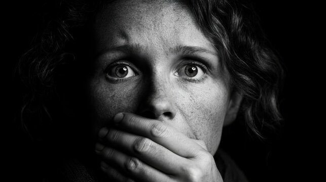 Close-up of distressed woman covering mouth with hand in black and white emotional portrait showing fear and anxiety in low key lighting