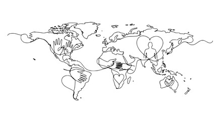 Obraz premium Global Connection: World Map Line Art with Hands, Hearts, and Human Figure