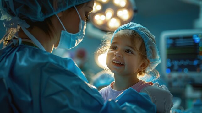 Doctor provides comfort to a young child patient in a hospital operating room environment after a successful medical procedure.