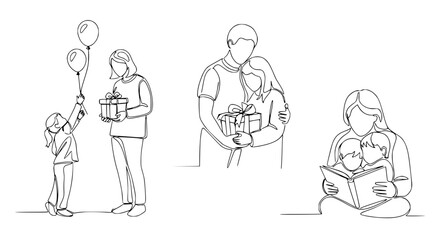 Continuous Line Art: Family Moments - Giving Gifts, Hugs, and Reading
