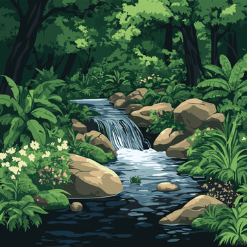 A serene forest scene featuring a gentle stream flowing over rocks amidst lush greenery and blooming flowers.