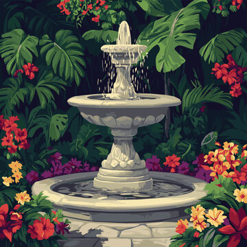 A serene garden fountain surrounded by vibrant tropical flowers and lush greenery, creating a peaceful ambiance.