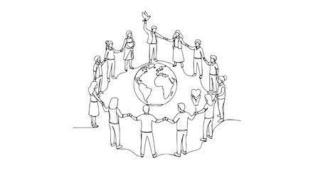 Obraz premium Diverse people holding hands around globe, unity, peace, global community, drawing