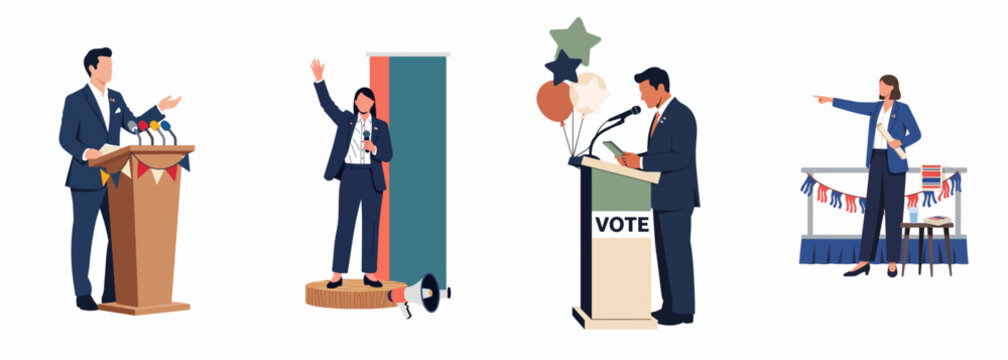 Vector flat illustration set of male and female politicians giving speeches and campaigning for a democratic election at podiums and stages.