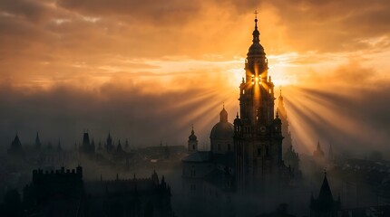 Naklejka premium Atmospheric landscape of an ancient cathedral tower with sunburst effect above low clouds and mist