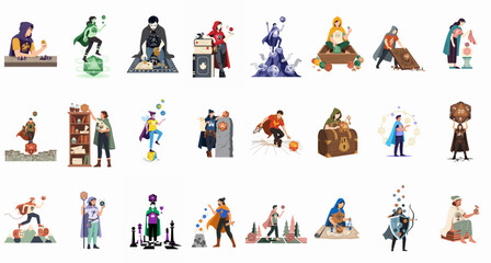 Fototapeta premium Collection of diverse fantasy tabletop role-playing game character illustrations featuring polyhedral dice, magic, and gaming accessories on white background.