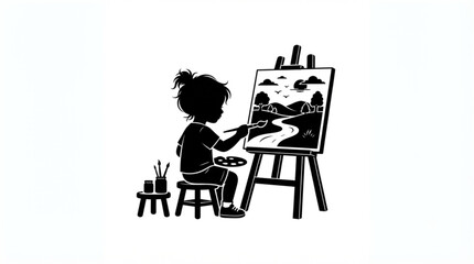 Silhouette of a child painting a landscape on a canvas easel