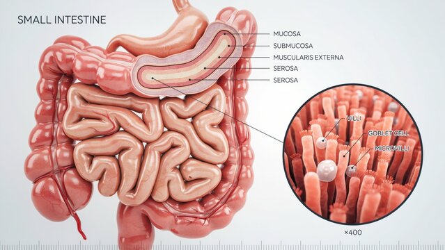 Medical illustration of human small intestine anatomy with detailed crosssection layers transparent background