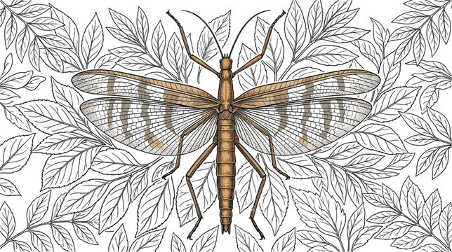 Retro engraved flying stick bug vector design with transparent wings spread wide surrounded by dense forest leaf sketch