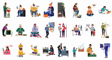 Fototapeta premium Collection of flat illustrations showing people celebrating a high-tech Thanksgiving with digital gadgets, coding, and traditional festivities in a modern graphic style.