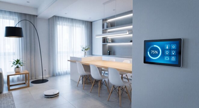 Smart home control panel mounted on a wall inside a modern minimalist kitchen and dining area with an automated vacuum cleaner moving across the floor