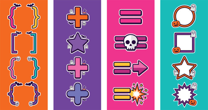 Halloween decorative bracket, star frame, plus symbol and burst shape UI icon set vector illustration