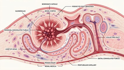 Fototapeta premium Medical illustration of a kidney nephron anatomy with labeled structures transparent background