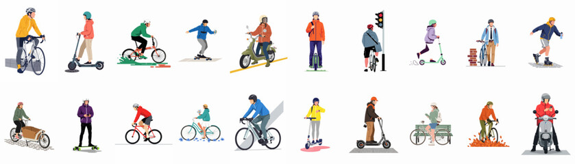 Diverse Collection of People Using Eco-Friendly Micro-mobility Transport Like Bicycles, Electric Scooters, and Skateboards in Urban Environments © Jiwoo