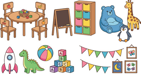 Kindergarten playroom furniture and toys vector set with table chairs blackboard cabinet dinosaur rocket and blocks illustration © Utpal