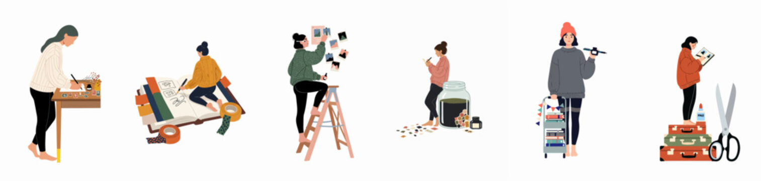 Set of illustrations depicting women engaged in creative hobbies such as journaling, scrapbooking, and memory keeping in a charming flat design style.