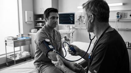 Fototapeta premium Doctor Checks Patient's Blood Pressure In Modern Medical Examination Room