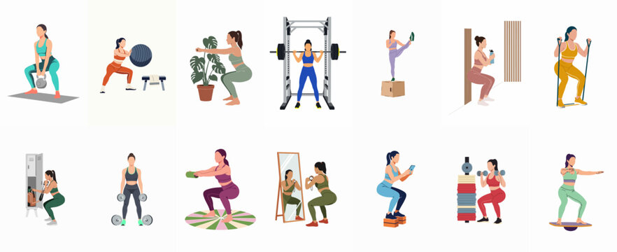 Collection of Flat Vector Illustrations Featuring Women Performing Various Squat Exercises and Strength Training Workouts with Different Gym Equipment