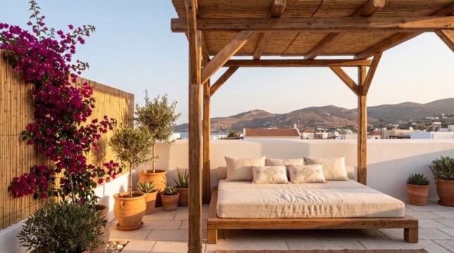 Serene rooftop patio with daybed with stunning view mountains potted plants stunning wooden daybed vibrant tranquil rooftop bougainvillea relaxation furniture